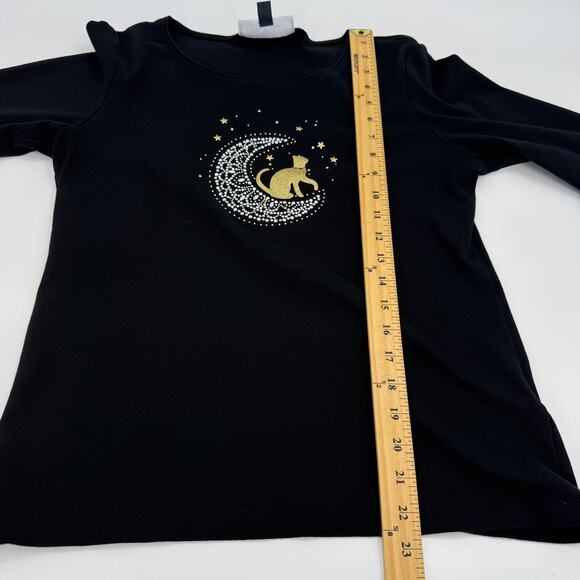 KAREN SCOTT Womens Shiny Cat Moon Shirt Size M Black 3/4 Sleeve Catlady Jersey - Picture 8 of 8